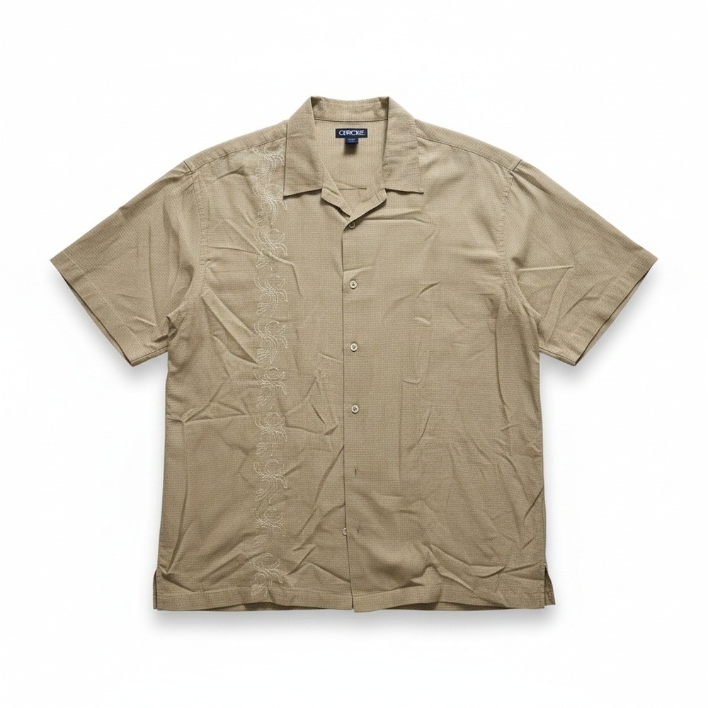 Cherokee Tan Embroidered Short Sleeve Button Front Camp Shirt, Men's XXL Khaki